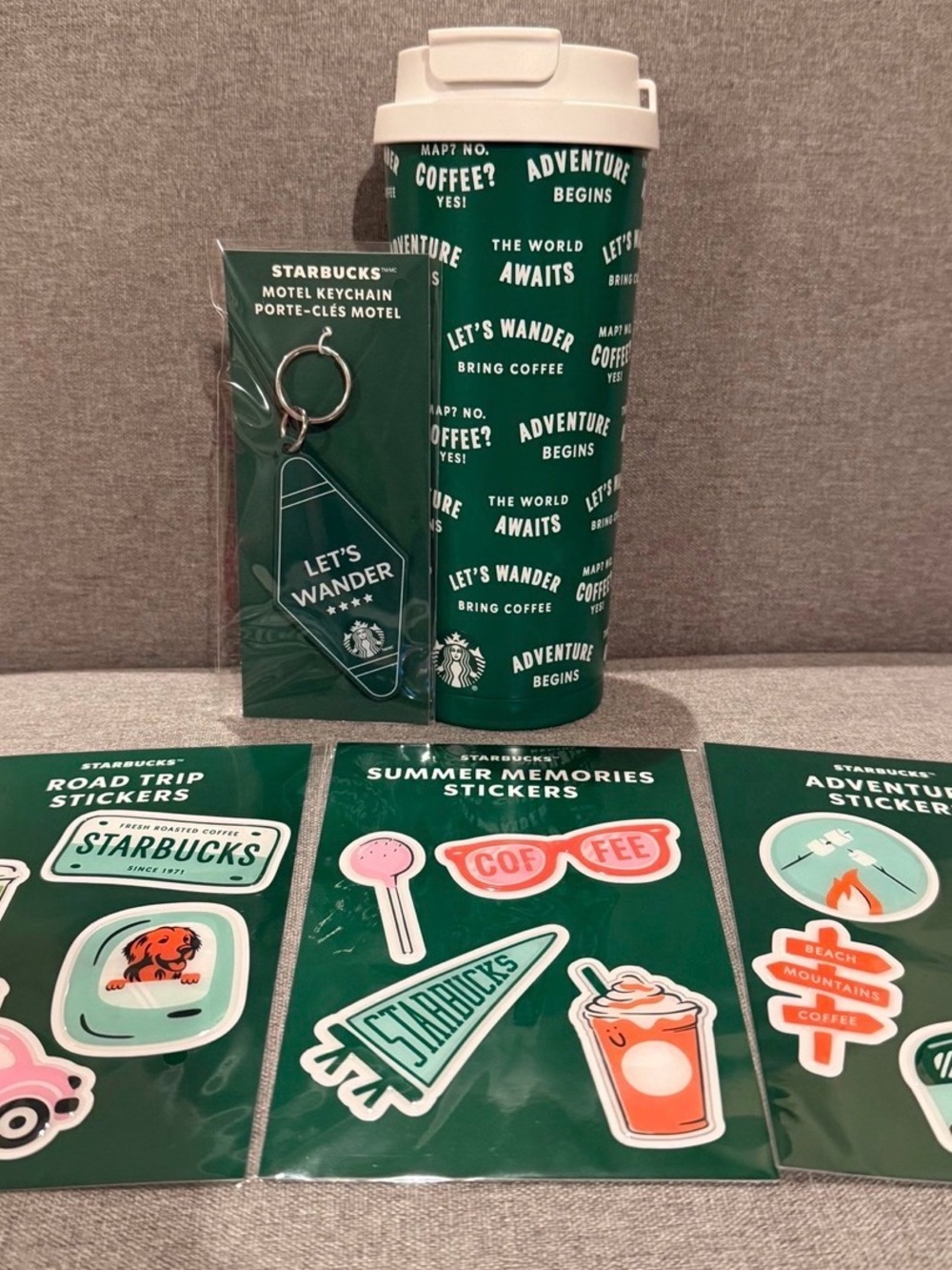 Starbucks Green Travel Tumbler with Keychain and Sticker Sheets